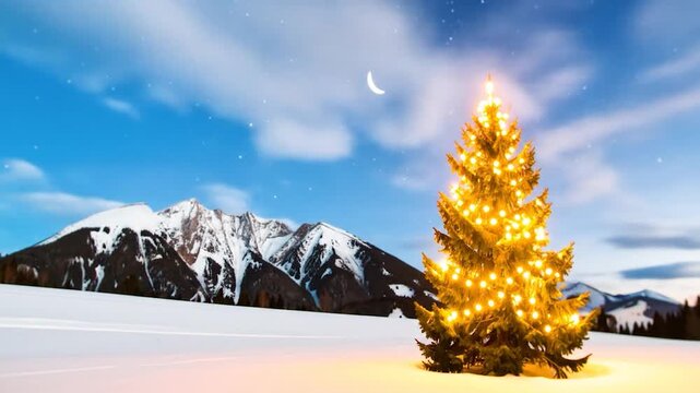 Lit Christmas tree gleams in snowy field, with mountains, starlit sky, and crescent moon backdrop