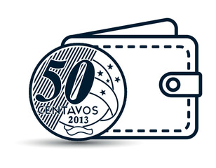 Brazilian money with a wallet in the background. A 50 centavos coin next to the wallet. The illustration is depicted in black and white style.
