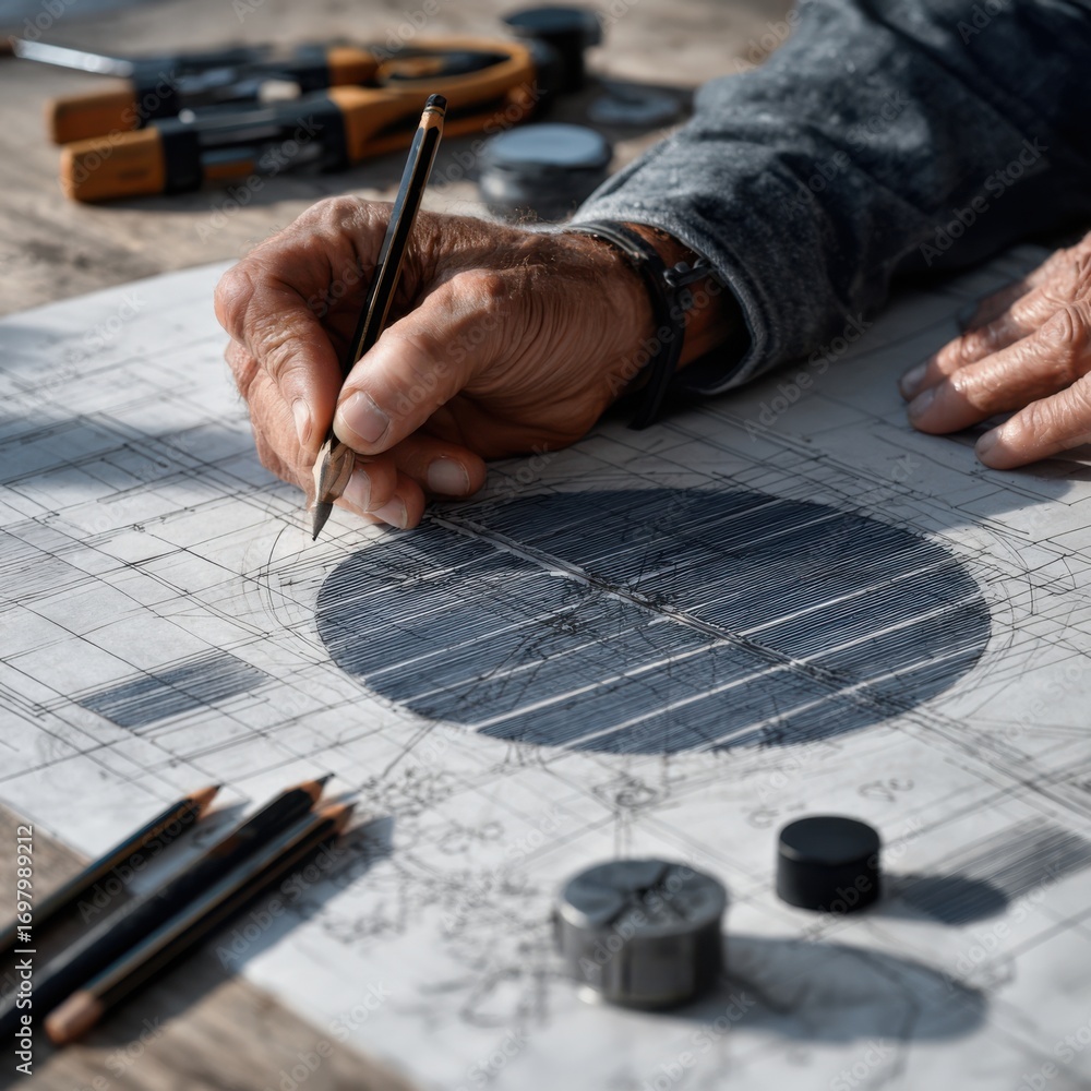 Aufkleber close-up of hands sketching a technical blueprint with drafting tools on a wooden table