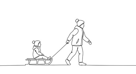 Parent pulling child on sled in line style, transparent background  