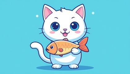 Fototapeta premium Cute cartoon cat holding fish (1)