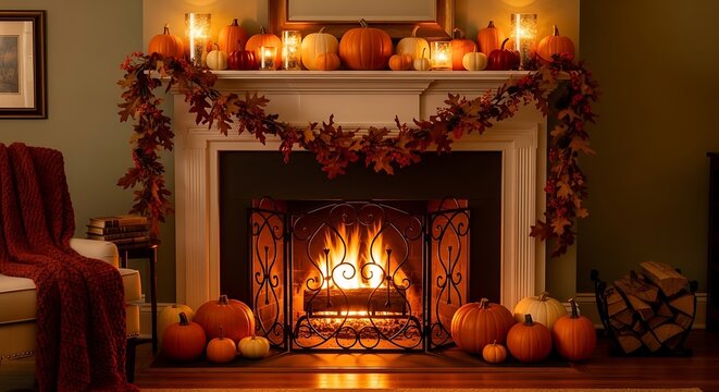Fireplace mantel decorated with pumpkins and fall leaves for thanksgiving