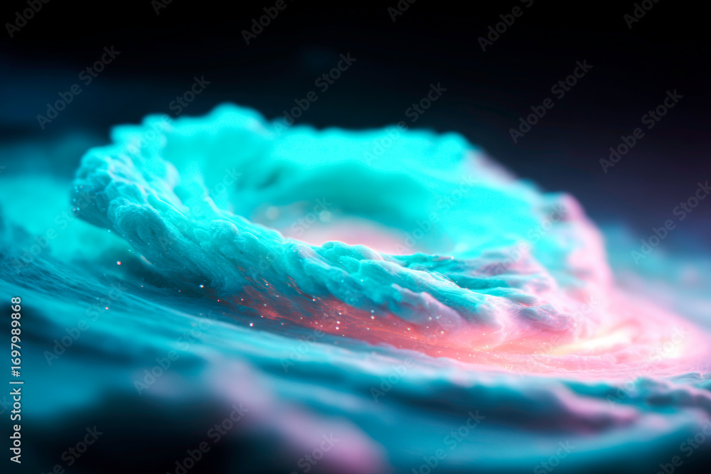 Poster a dynamic and energetic abstract digital rendering of a vibrant cyan swirl