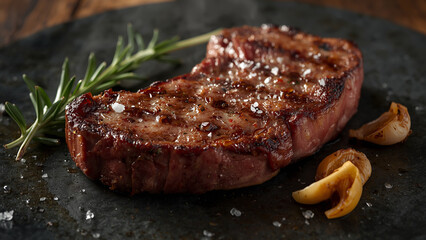 Grilled beef steak on a plate with roasted vegetables and salad, a delicious and gourmet dinner