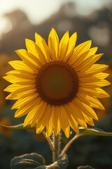 Golden yellow sunflowers blossom beautifully in a summer garden or a vast field under the bright blue sky