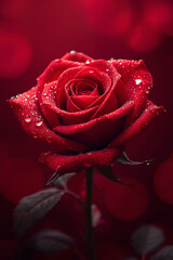 A beautiful red rose blossom with delicate water drops on its petals.