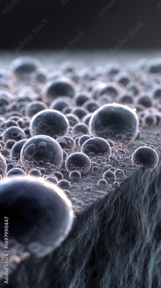Poster close-up of water droplets on a surface, capturing intricate details of bubbles and reflections on f