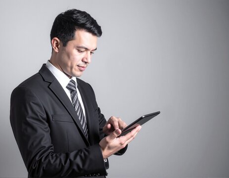 A well-dressed man in a tailored suit stands confidently, intently using his smartphone while leaning against a modern office building.