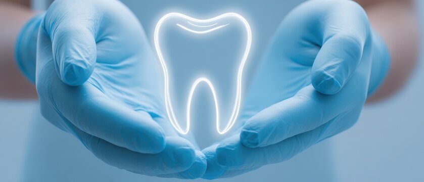 The Tooth Hologram Cradled in Gloved Hands Symbolizing Modern Dental Care