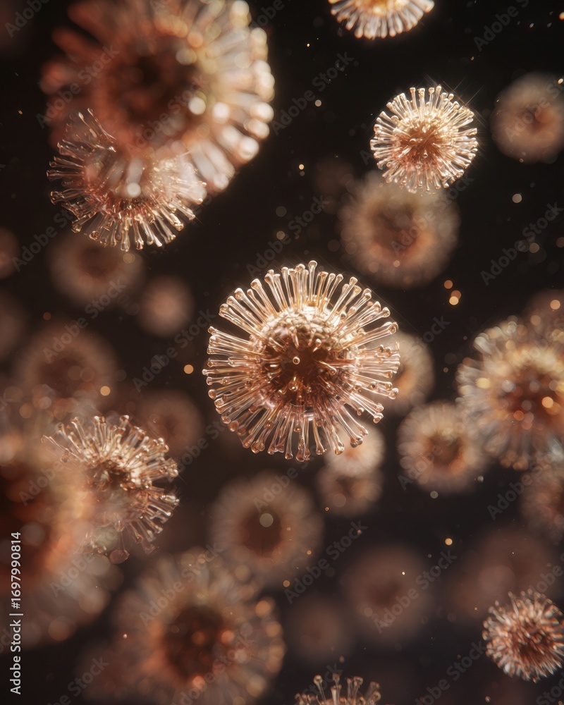 Poster close-up view of abstract microorganisms with glimmering details in dark background, perfect for sci