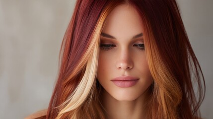 Naklejka premium Closeup portrait of young woman with long red and blonde ombre hair