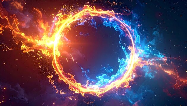 Ring of fire/ice. Swirling flames and icy energy around central void, abstract