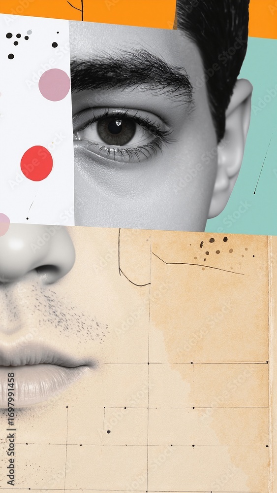 Poster a man stands with his face obscured by a vibrant mosaic of colorful squares, creating a striking vis