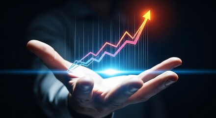 Hand holding glowing upward trending financial graph with data streams