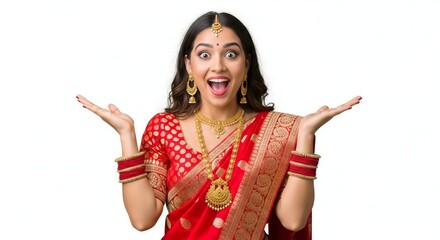 Portrait of an excited woman in a red saree with gold jewelry and surprised facial expression posing