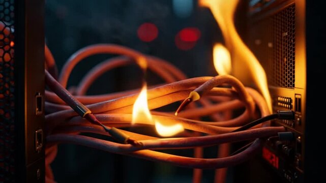A bunch of wires that are on fire in a server room