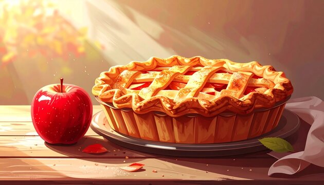 A delicious apple pie sits on a plate beside a bright red apple, bathed in warm sunlight.
