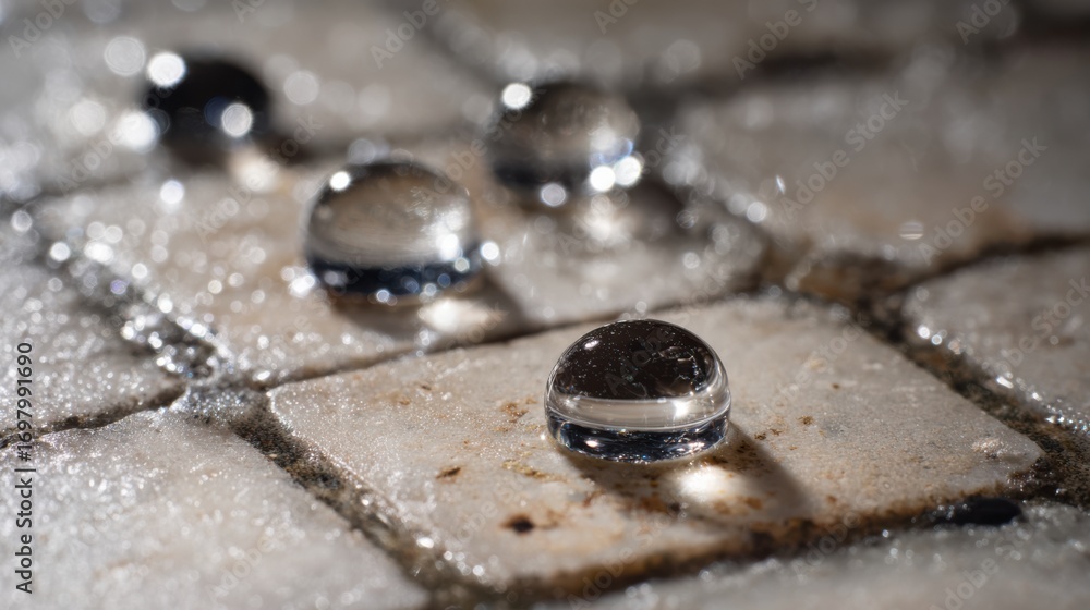 Poster close-up view of water droplets on textured surface with reflections and shadows in cross-section fo