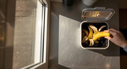 A person puts a banana peel into a small compost bin on a kitchen counter next to a sunny window, promoting environmental awareness and sustainable living.