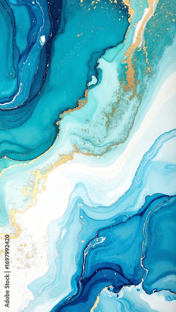Aufkleber a vibrant abstract painting featuring swirling shades of blue and shimmering gold, creating a dynami