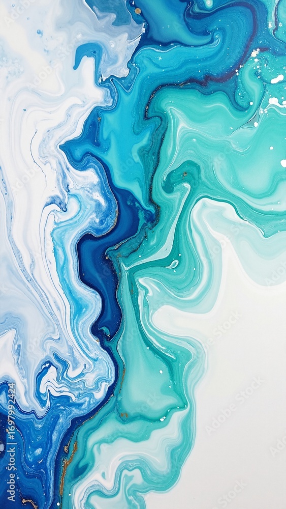 Poster a mesmerizing abstract painting featuring swirling blue and white fluid shapes, creating a dynamic i