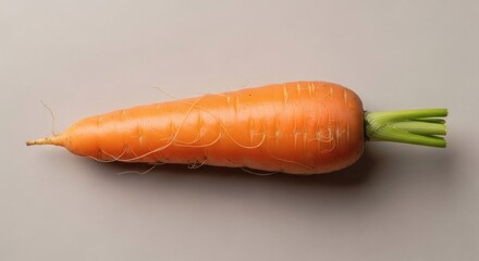 A single fresh organic orange carrot with a green top, isolated on a plain background, a key ingredient for healthy cooking and wholesome recipes