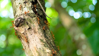 Red ants on a tree trunk