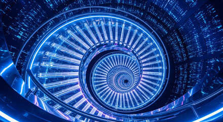 A mesmerizing, abstract visual of a spiraling digital tunnel glowing with vibrant blue light