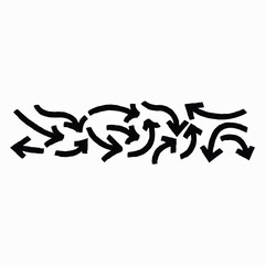 A collection of bold, hand-drawn brush arrows with dynamic curves and waves. Thick marker-style doodles pointing in multiple directions, featuring textured strokes and natural sketch-like details.