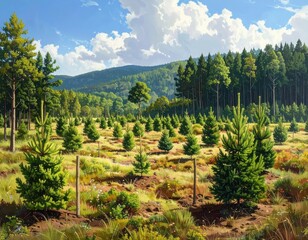 A picturesque landscape showcasing a field of young evergreens, bathed in the warm sunlight of a summer day, stretching towards a backdrop of towering forest.