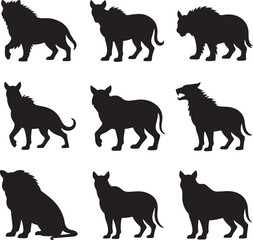 Fototapeta premium Collection of Black Hyena and Lion Silhouettes in Various Poses Keywords: hyena, spotted hyena