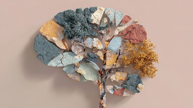 Abstract brain shaped tree with colorful stone pieces and plant like foliage on a beige background