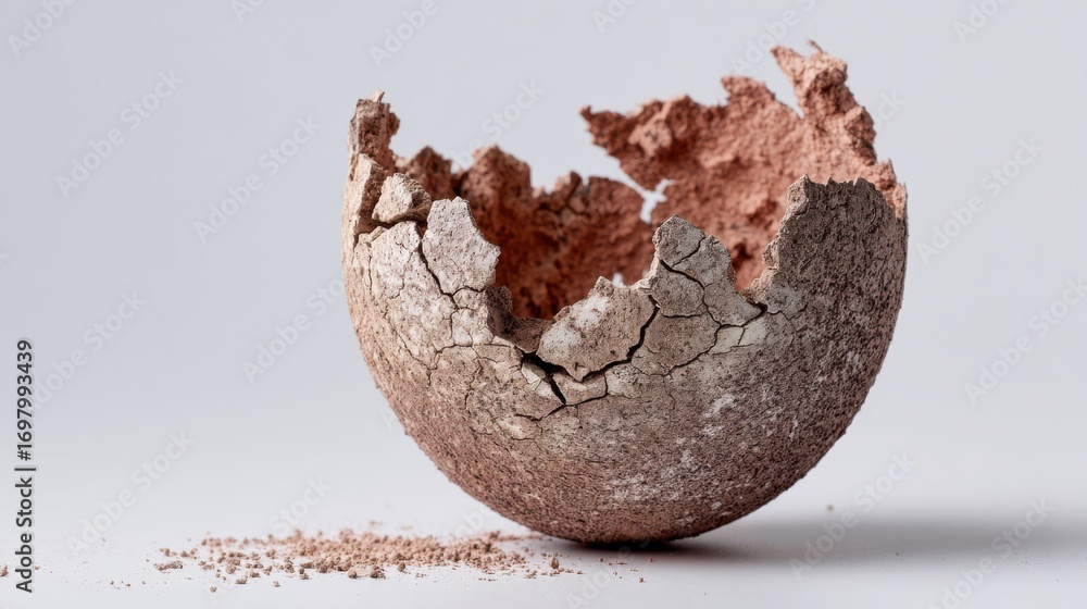 Poster cracked and broken eggshell on a light background with chipped edges and dusty texture creating a di