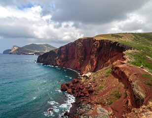 Red cliffs meet the sea. Dramatic coastal scene