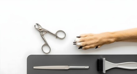 Pet grooming tools arranged with a dog's paw, perfect for trimming nails and maintaining hygiene on a clean white background.