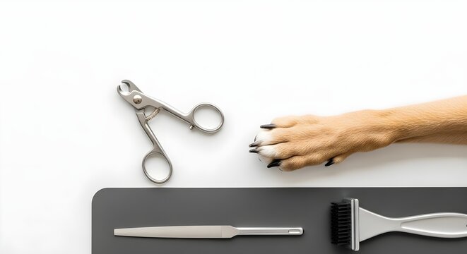 Pet grooming tools arranged with a dog's paw, perfect for trimming nails and maintaining hygiene on a clean white background.