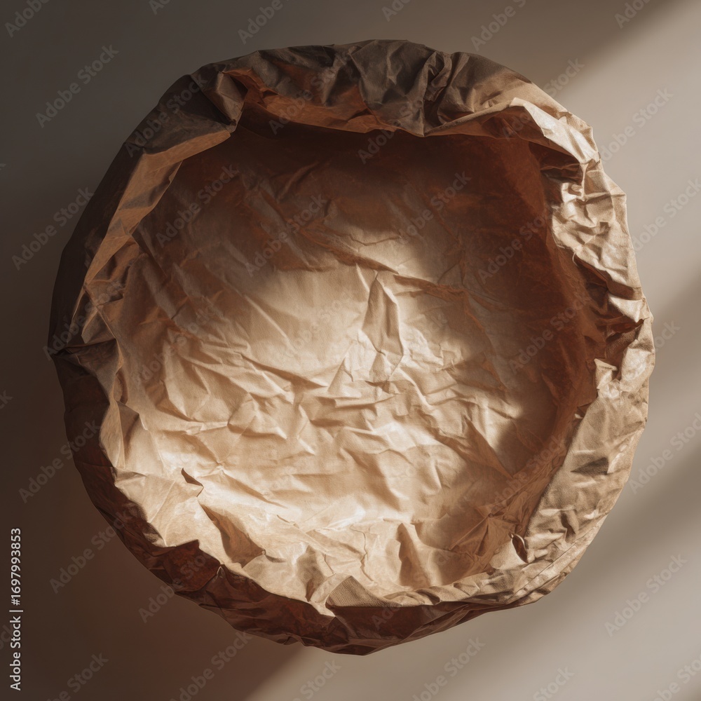 Poster crumpled paper bowl on soft background showcasing textured surface and natural light play in minimal