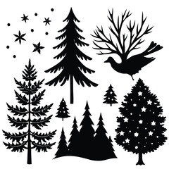 Obraz premium Magical winter forest scene with trees, stars, and a flying bird