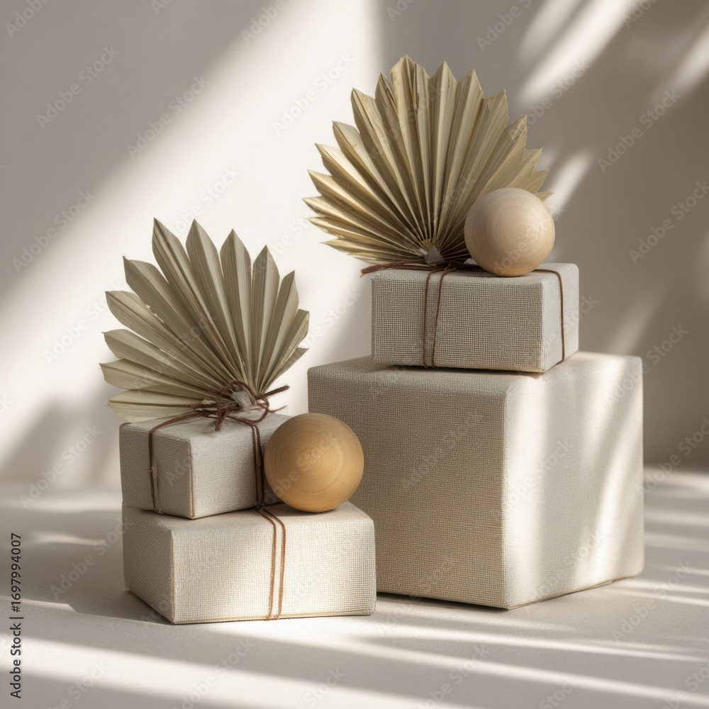 Poster decorative arrangement of geometric shapes with textured boxes and natural elements in soft lighting