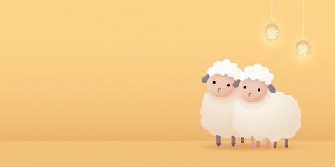 Cute cartoon illustration of two fluffy sheep standing together on a soft yellow background, with hanging light fixtures creating a warm and inviting atmosphere