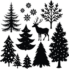 Fototapeta premium Black silhouettes of Christmas trees and deer in winter landscape
