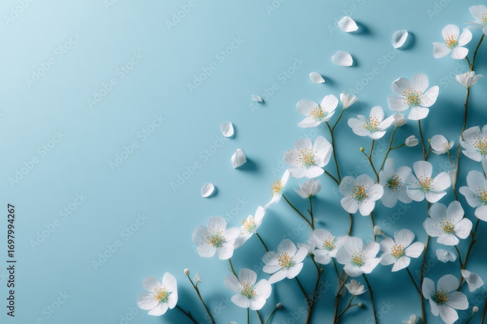 Aufkleber delicate white flowers scattered on soft blue background creating a serene and calm atmosphere for d