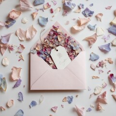 Delicate pink envelope with dried flower petals and blank tag on soft pastel background for handmade greeting cards