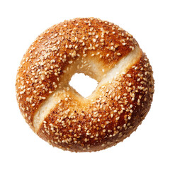 Top-down view of a sesame bagel.  Golden-brown,  topped with sesame seeds.  A perfect circle with a visible hole