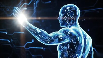 Futuristic humanoid figure interacting with holographic interface, exploring advanced technology with glowing circuits and digital network connections - Powered by Adobe