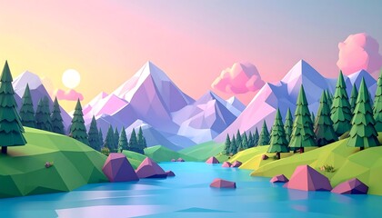 Low-poly landscape at sunrise