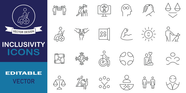 Set of inclusivity icons. Included icons as accessibility, global community, multiple, diversity, equity and more outline symbol collection. Editable stroke linear icons. Vector illustration.