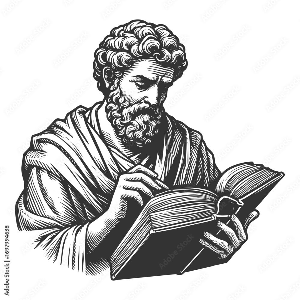 Aufkleber philosopher in robe, holding and studying open book, symbolizing wisdom, knowledge, and learning ske