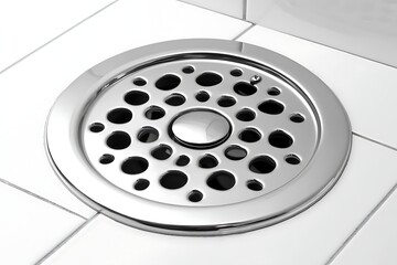 Chrome shower drain cover with patterned holes, installed on white tile