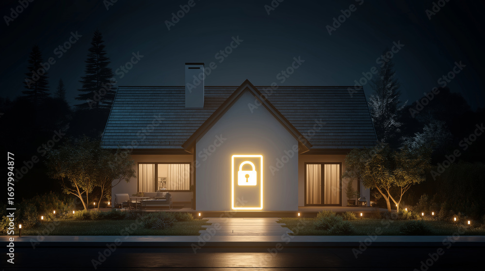 Poster smart home system with glowing padlock icon projected on wall, secure iot technology concept.